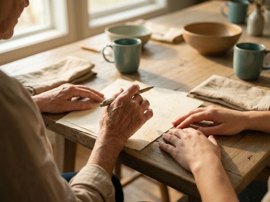 Two pairs of hands, one older and one younger, over paperwork at a dining table