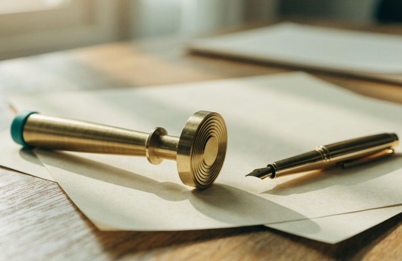 Notary embosser and seal resting on signed documents