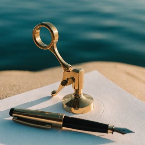 Brass notary embosser and fountain pen on a signed document
